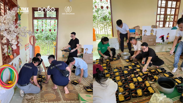 Đoàn chuẩn bị các suất cơm cho các em 